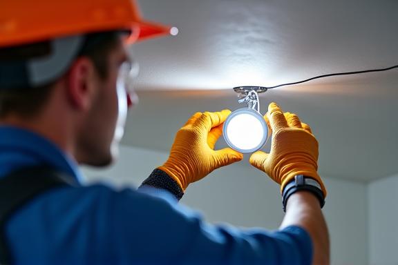 An electrician carefully installing a recessed light fixture.