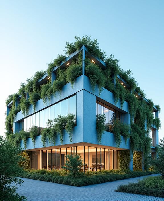 A modern building with green-roof features and energy-efficient lighting.
